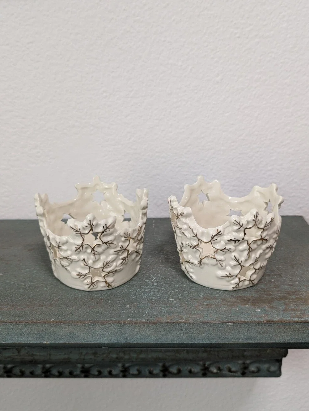 Set of 2 Snowflake Ceramic Candle holders Cream / Ivory Gold Open Star Design